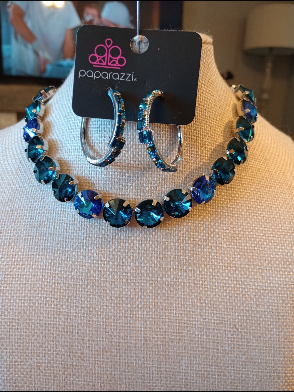 paparazzi Teal Blue Crystal Necklace with Matching Hoop Earrings